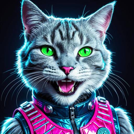 Smiling Silver Cyborg Cat in Holographic Vest