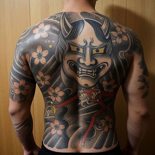 Photograph of a muscular man's back showcasing an intricate black-and-gray Japanese-style tattoo of a fierce oni face with horns, surrounded by cherry bloss