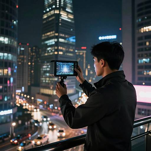 Photograph of a young Asian man with short black hair, in a dark jacket, taking a night cityscape photo with a camera on a balcony,