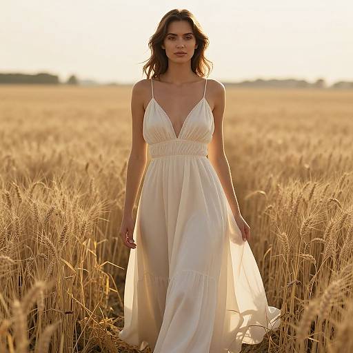 Photograph of a young woman with wavy brown hair, wearing a white, deep V-neck, sleeveless dress, standing in a golden wheat field