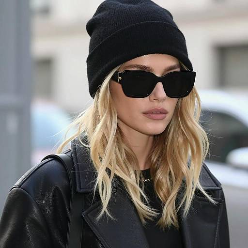 Blonde Woman in Black Beanie and Sunglasses