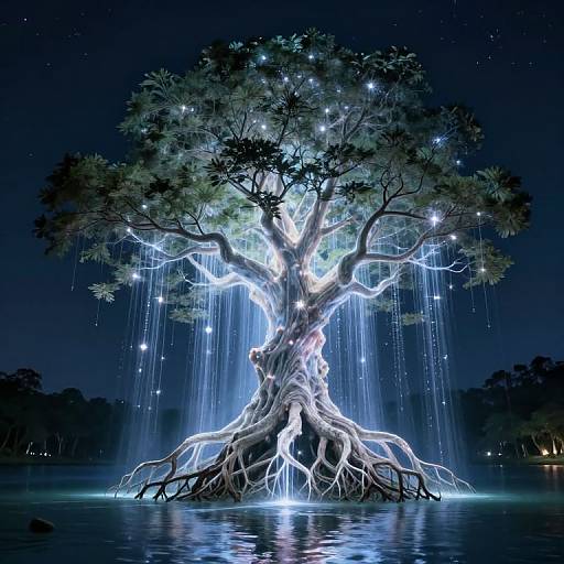 Photorealistic digital artwork of a glowing, ethereal tree with illuminated branches, cascading star-like lights, and roots reflected in a moonlit water