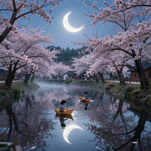 Digital painting of two children in yellow kayaks on a moonlit, reflective pond surrounded by cherry blossom trees, with a crescent moon in the clear
