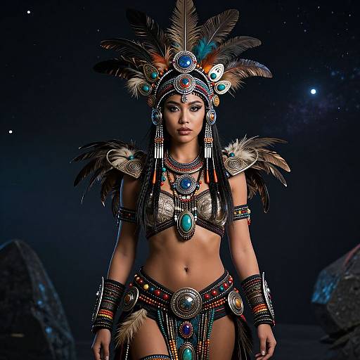Photograph of a Native American woman in elaborate tribal attire, featuring a feathered headdress, metallic jewelry, and beaded garments, against a dark