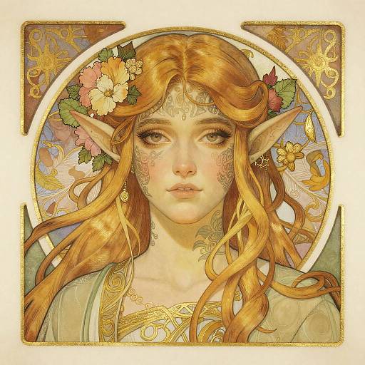 Digital art of a fair-skinned, red-haired elven woman with pointed ears, floral crown, intricate golden tattoos, and soft, ethereal expression
