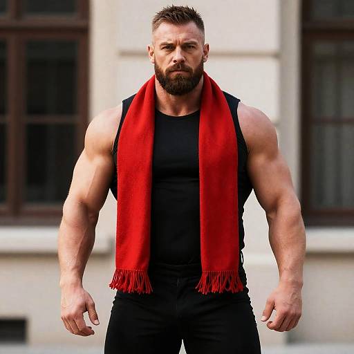 Photograph of a muscular, bearded man with short dark hair, wearing a black tank top, red scarf, and black pants, standing confidently in