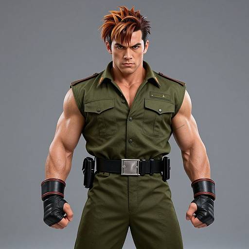 Photograph of a muscular, intense-looking man with spiky brown hair, wearing a green military-style shirt and pants, black gloves, and a belt