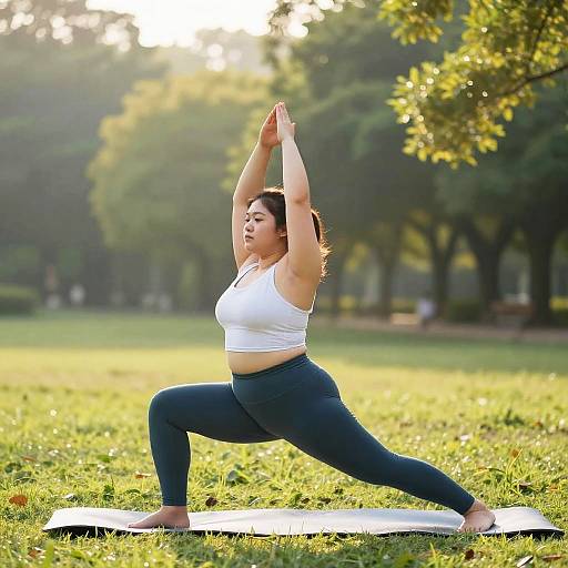 Photograph of a plus-sized Asian woman in a white sports bra and black leggings, performing a tree pose on a yoga mat in a sunlit,
