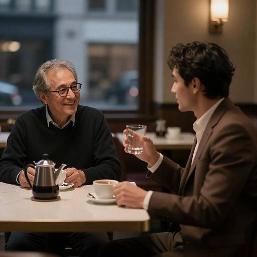 Dimly Lit Cityscape Restaurant Conversation
