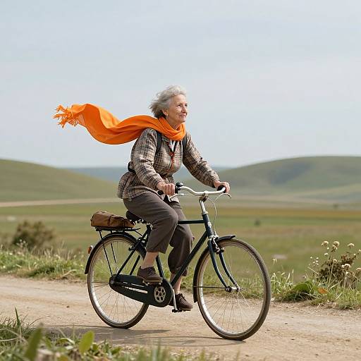 Elderly woman with gray hair, orange scarf, and checkered jacket riding a black bicycle on a rural dirt road, green hills in background.