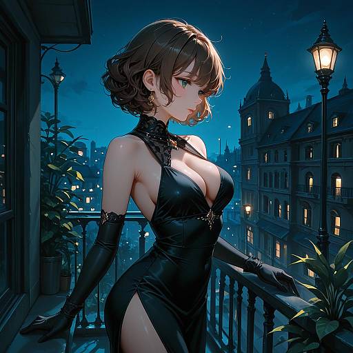 Elegant Woman in Black Dress on Night Balcony