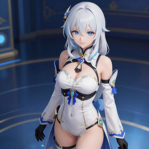 Digital anime-style image of a white-haired, blue-eyed female character with large breasts, wearing a white and black bodysuit with blue ribbons,