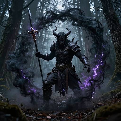 Digital artwork of a dark, horned demon warrior with glowing purple flames, holding a spiked staff in a misty, dark forest.