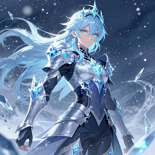 Digital anime-style drawing of a blue-eyed, silver-haired, armored female warrior with glowing ice crystals and a crown, standing in a snowy, starlit