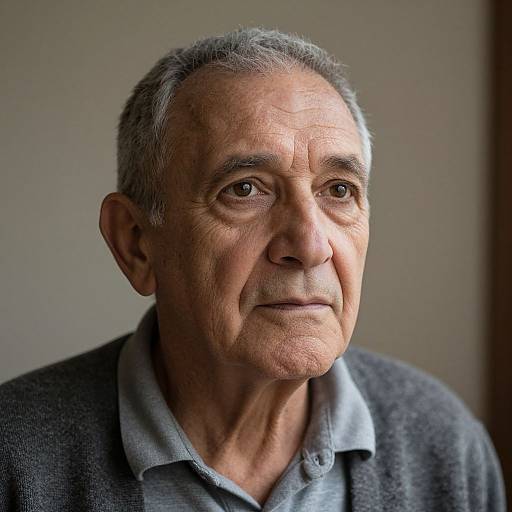 Photograph of an elderly man with gray hair, fair skin, and wrinkles, wearing a gray sweater over a light blue polo shirt, looking pensively