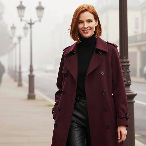 Auburn Model in Maroon Trench Coat