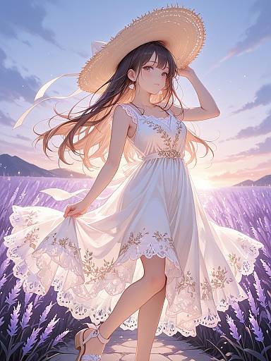 Young Woman in White Summer Dress with Wide-Brimmed Hat in Lavender Field