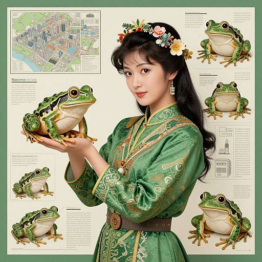 Digital illustration of an Asian woman in a green, embroidered kimono, wearing a flower crown, holding a frog, surrounded by multiple frogs, with a