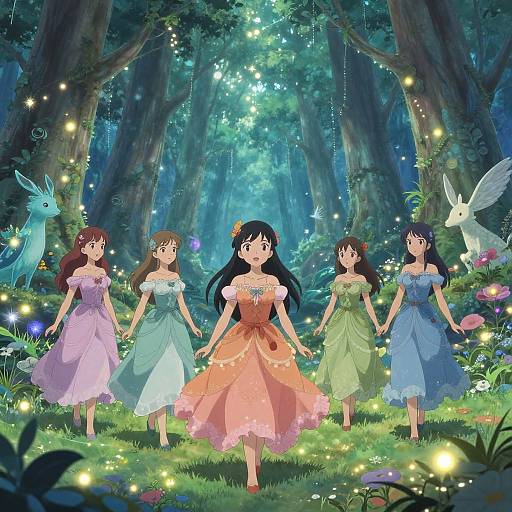 Digital anime-style artwork of five girls in pastel dresses, holding hands in a magical forest with glowing fireflies, fairy-like creatures, and vibrant,