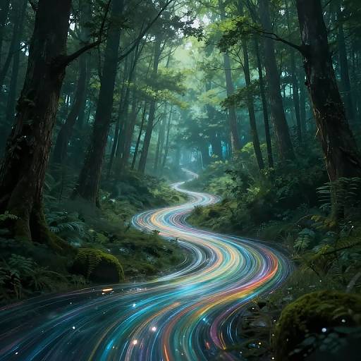 Photograph of a mesmerizing, illuminated, winding forest road with vibrant light trails in blue, red, and yellow, surrounded by dense, misty
