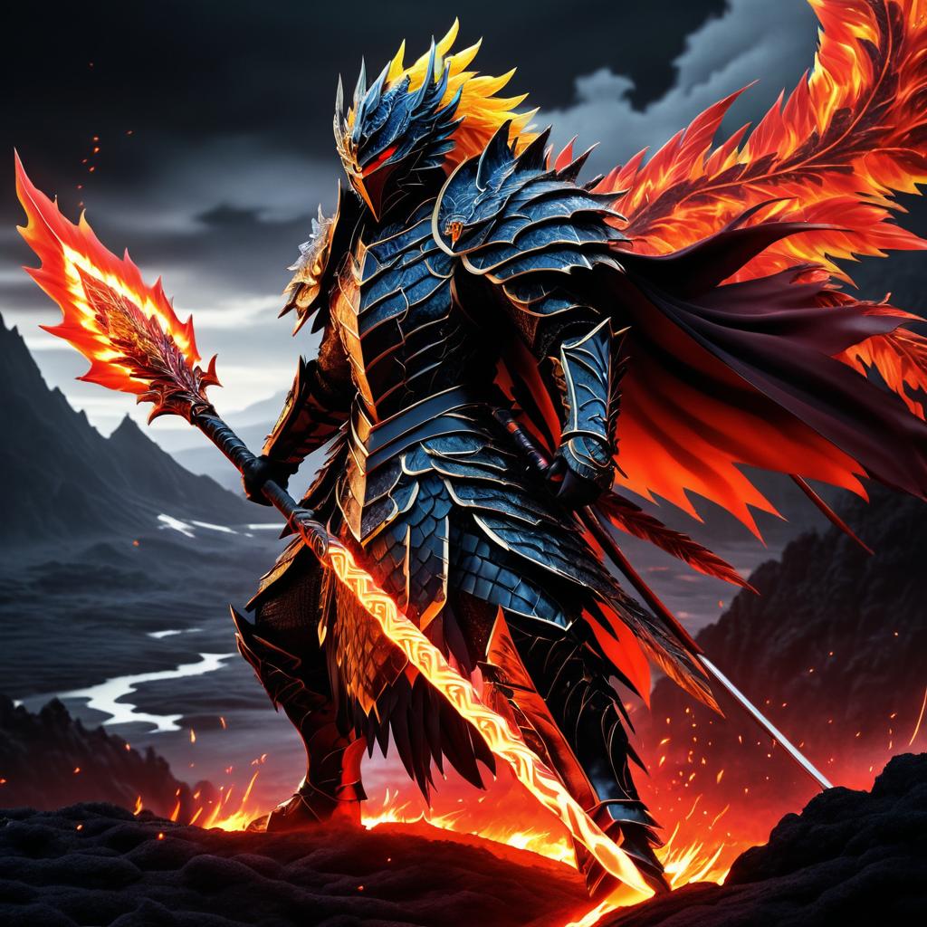 Fierce Dragon Warrior in Volcanic Landscape