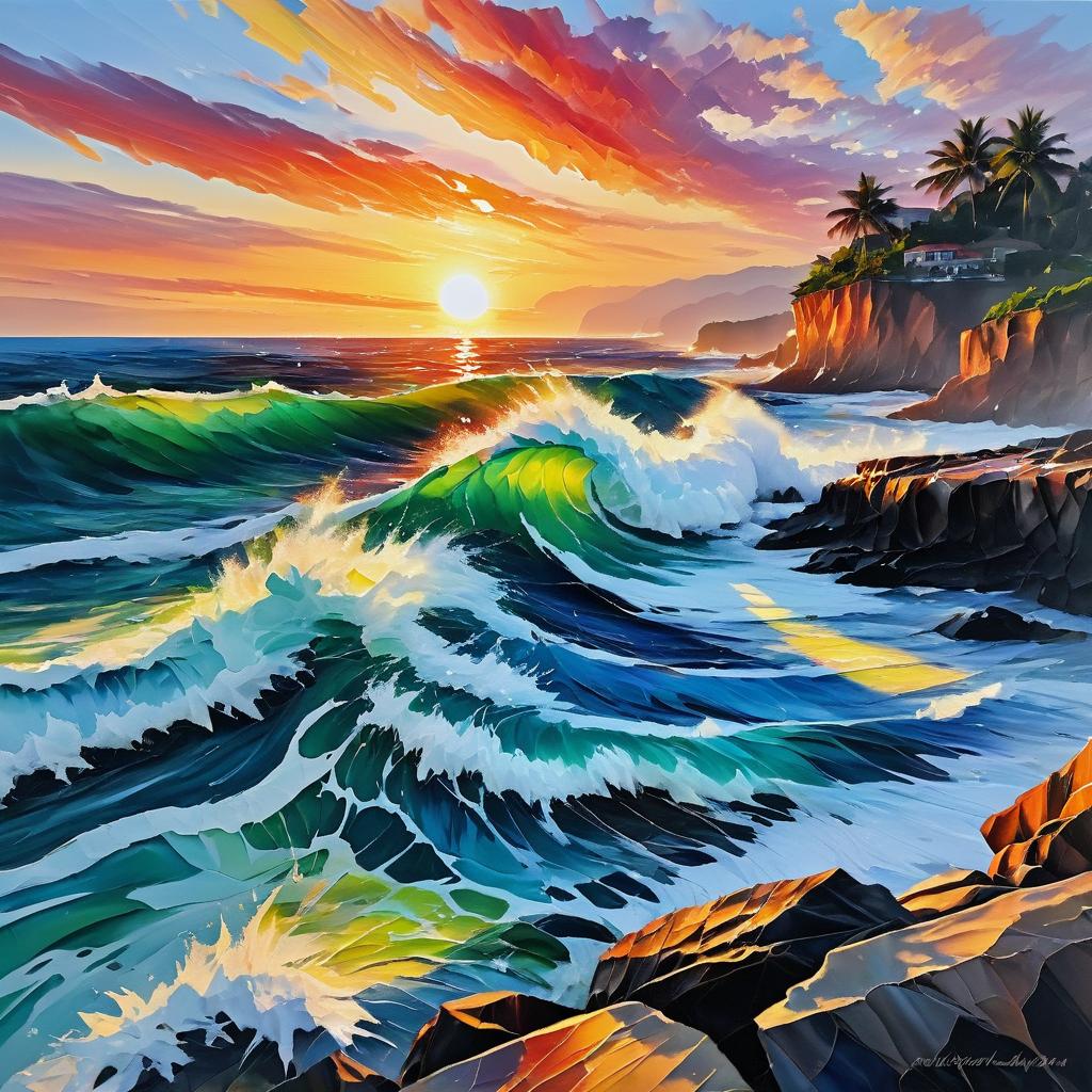 Sunset Waves on Rocky Shore - Oil Painting