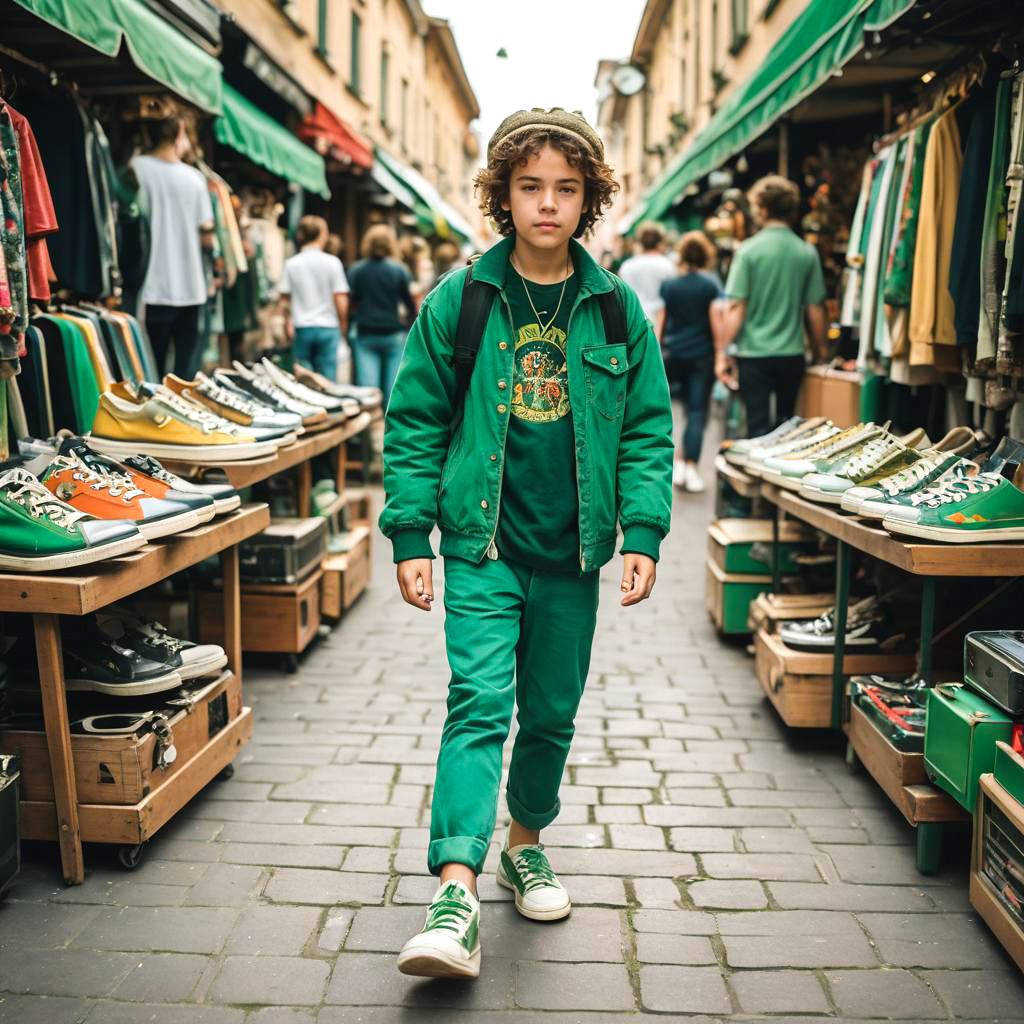 Young Musician Strolling in Vintage Market