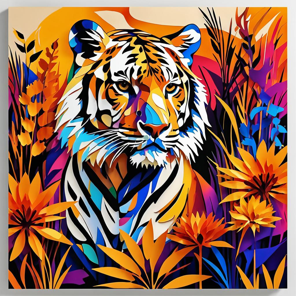 Expressionist Monochrome Tiger with Flora