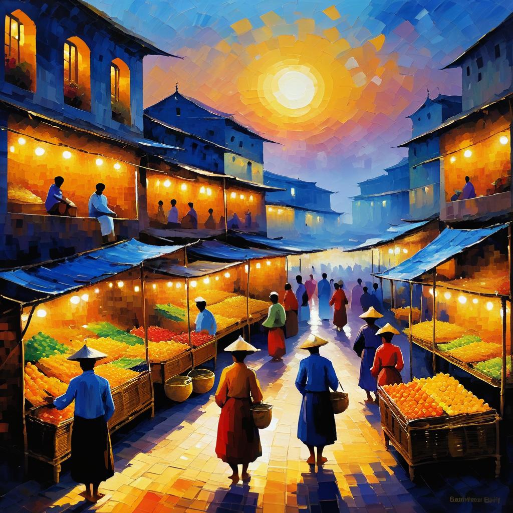 Vibrant Market Scene Under Moonlight