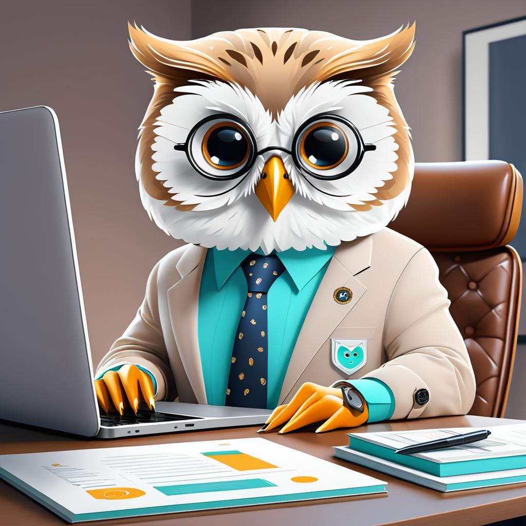 Confident Cartoon Owl at Work Desk