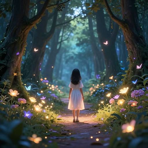 Fantastical forest scene: a girl in a white dress walks down a glowing path flanked by glowing butterflies and flowers, surrounded by dark, enchanted