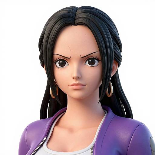 Digital CGI portrait of a serious-looking young woman with long black hair, wearing a purple jacket, white shirt, and gold hoop earrings.