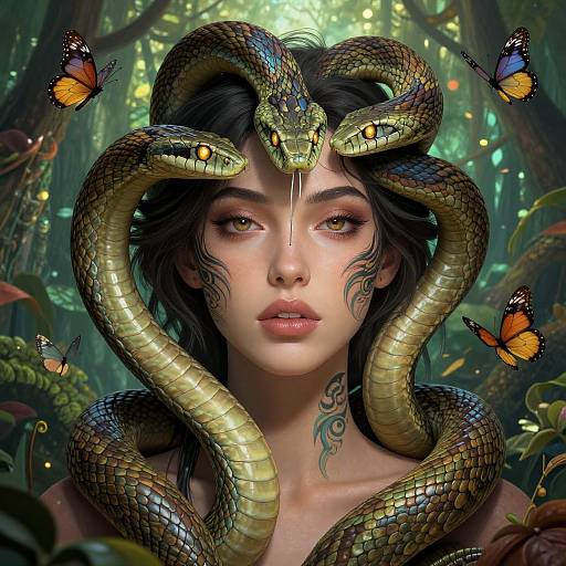 Digital art: Serpentine woman with glowing eyes, black hair, and tattoos, surrounded by three butterflies and three snakes in a lush forest.