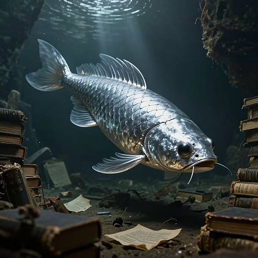 Photograph of a metallic silver fish with reflective scales swimming amidst underwater stacks of old books and scattered papers.