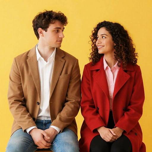Man and Woman Sitting Together Against Yellow Background