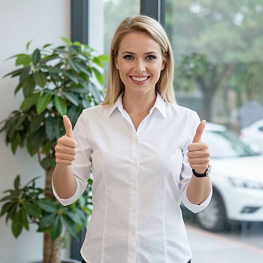 Photograph of a smiling blonde woman with straight hair, wearing a white button-up shirt, giving two thumbs up in a bright office with green plants and