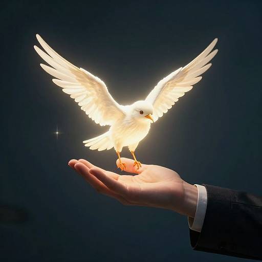 Photograph of a glowing white dove with outstretched wings, landing on an open, pale-skinned hand against a dark blue background.