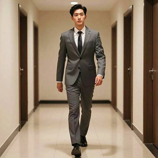Man in Suit Walking Hallway
