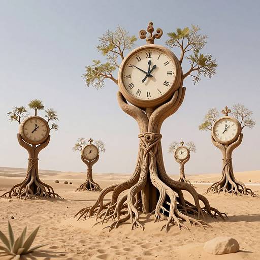 Photograph of surreal desert landscape with clock trees, each featuring a round clockface with Roman numerals, surrounded by sparse, leafy trees and sandy