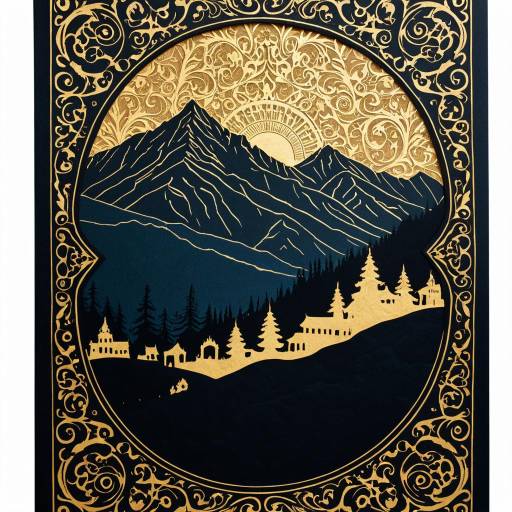 Silhouette Mountain Village with Golden Filigree
