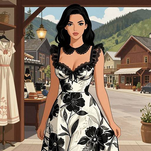 Digital illustration of a black-haired woman in a black and white floral dress standing in a quaint mountain town shop.