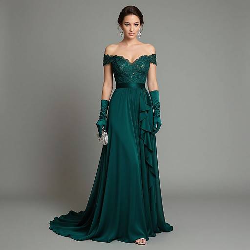 Photograph of a woman in an off-shoulder, emerald green, lace gown with long gloves and dangling earrings, standing against a gray background