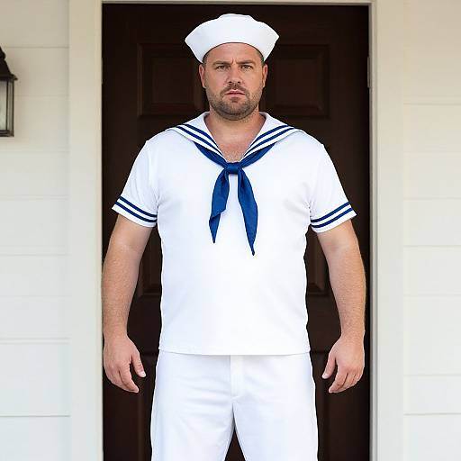 Photograph of a muscular, bearded man in white sailor uniform with blue neckerchief, white hat, and black door background. Serious expression,