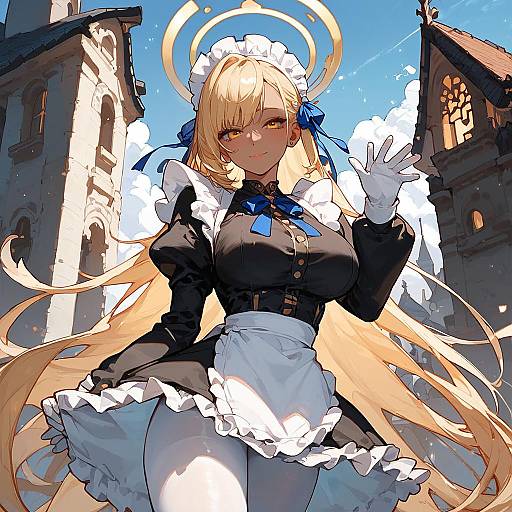 Dark-Skinned Anime Maid Waving Outdoors