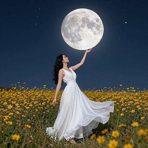 Photograph of a woman in a flowing white dress, reaching up to touch a glowing full moon, standing in a field of yellow flowers under a dark