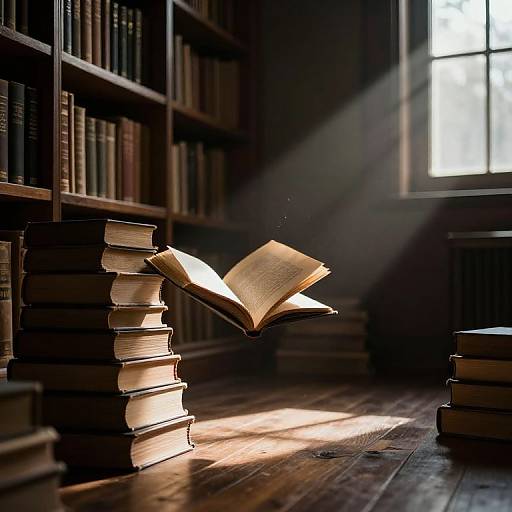 Photograph of an open book floating in sunlight, surrounded by stacked books on a wooden floor in a dark library.