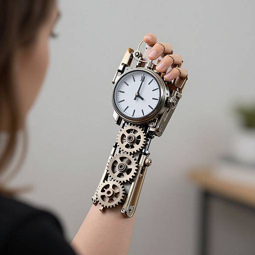 Photograph of a woman's hand holding a silver wristwatch with black-and-white gears on the strap, against a blurred indoor background.