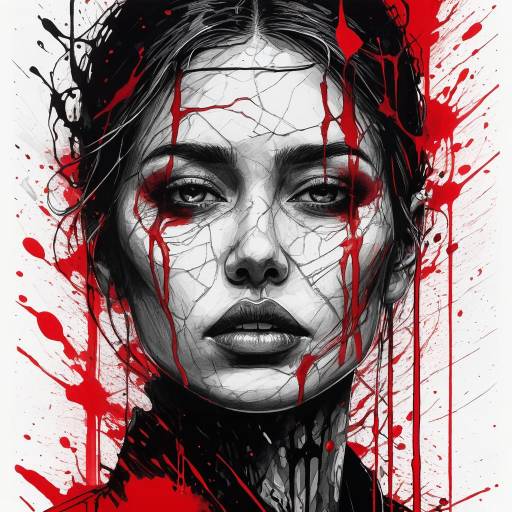 Dramatic Ink Portrait with Red Accents
