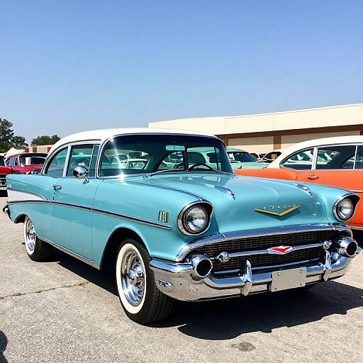 Photograph of a bright blue, vintage 1950s Chevrolet sedan with chrome accents, white-walled tires, and a classic grille, parked in