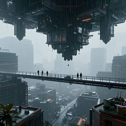 Cyberpunk cityscape at rain, dark blue hues, futuristic overhang, silhouetted people on bridge, foggy distant buildings, digital
